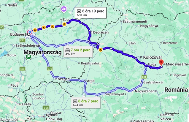 Northern route map to Târgu Mureș