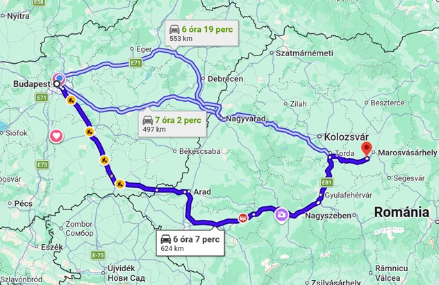 Southern route map to Târgu Mureș